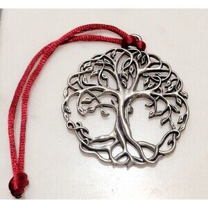 Tree Of Life Christmas Ornament Silver Tone Metal Red String